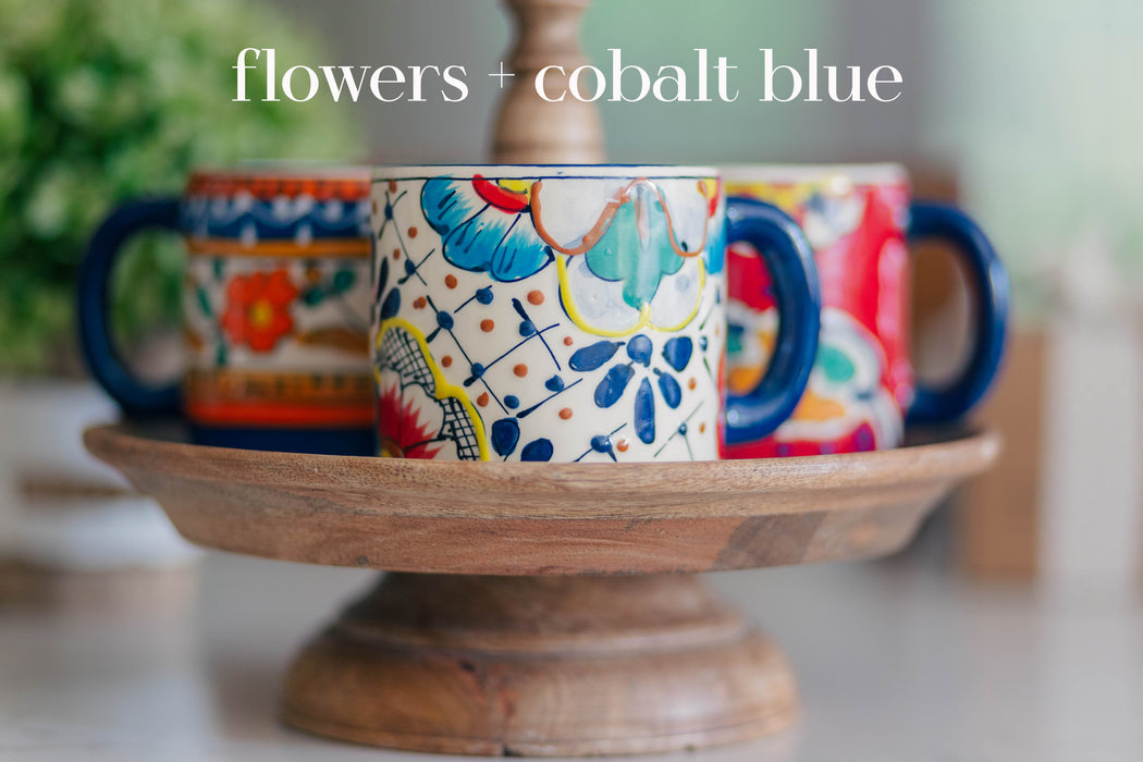 12.5 oz handcrafted ceramic coffee mug [flowers + cobalt blue]